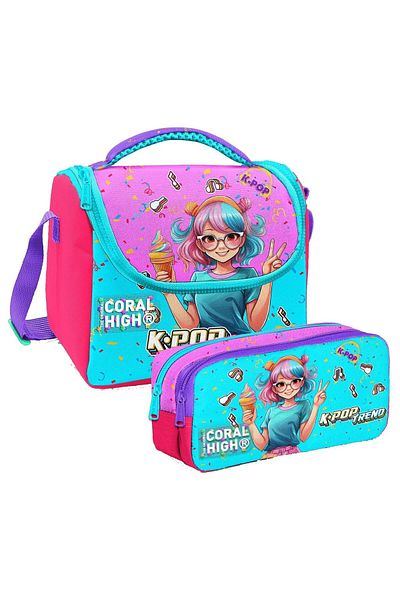Coral High Girl's Pink K-Pop Ice Cream Girl Thermo Lunch Box and Two-Compartment Pen Holder Set