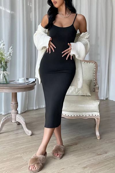 CATHECAT Women's Black Slit Knee Length Body Hugging Dress Nightgown