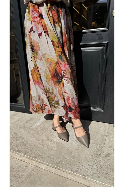 BABLACK Belt Detailed Pointed Genuine Leather Women's Ballerinas Mink