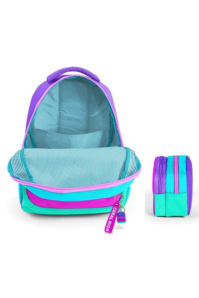 Coral High Three Compartment Primary School Backpack and Two Compartment Pen Holder - Girl - Pink Green Multicolor