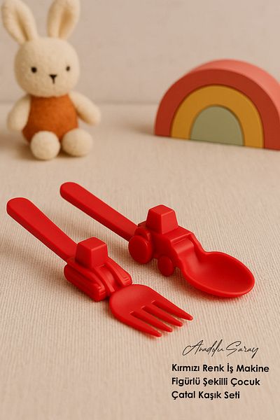 Anadolu Saray Red Color Business Machine Figured Shaped Children's Fork Spoon Set Children's Dinnerware Set Figured Fork Spoon Set