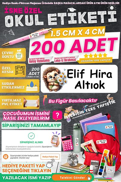 FİKİRCAN Fikircan-Name Custom School Label-Cute Creeper 200 Pieces - Odorless Ecological Ink Pvc Label