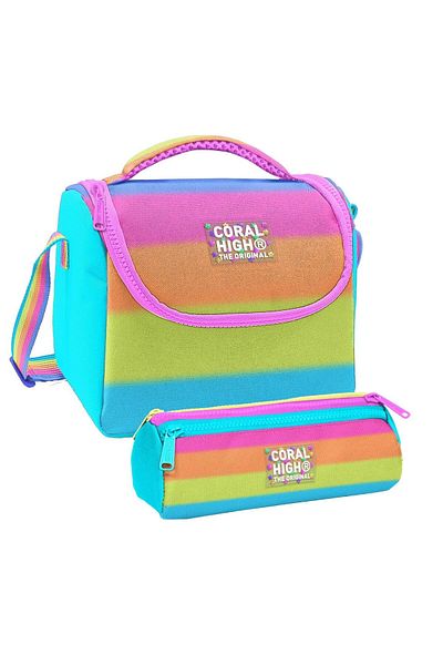 Coral High Girl's Pink Orange Color Transition Thermo Lunch Box and Three Compartment Pen Holder Set