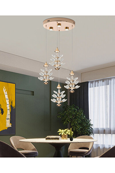 Apliqa Serap 4'Lü 39 Watt 3000K Yuvarlak Gold Kristal Taşlı Ledli Salon Avize