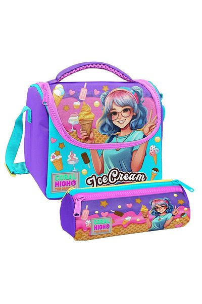 Coral High Girl's Lilac Turquoise Ice Cream Girl Thermo Lunch Box and Three Compartment Pen Holder Set
