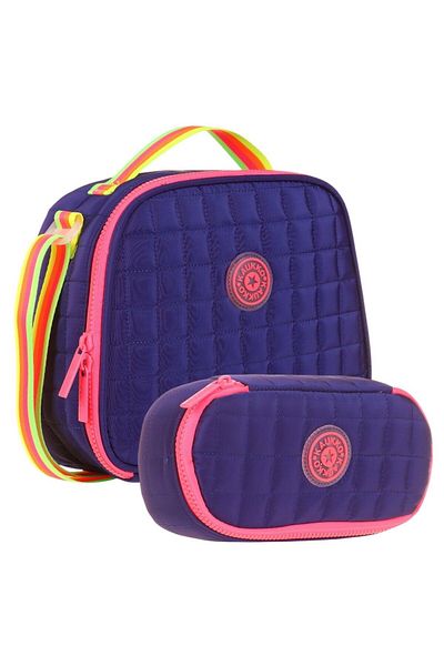 KAUKKO Quilted School Thermos Lunch Bag and Organizer Pen Holder Set - Girl - Navy Blue Pink