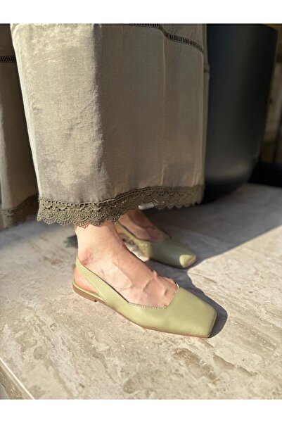 BABLACK Open Back Genuine Leather Blunt Toe Women's Ballerinas Green