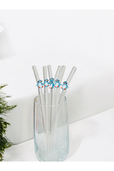 nazarboncuğu Glass Transparent Straw Sustainable Penguin Figured 6-Piece Glass Straw
