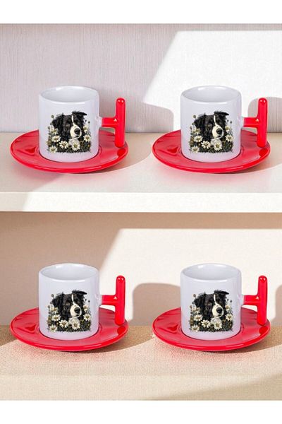 lili hediyelik Flower and Dog Printed Set of 4 Turkish Coffee Cups
