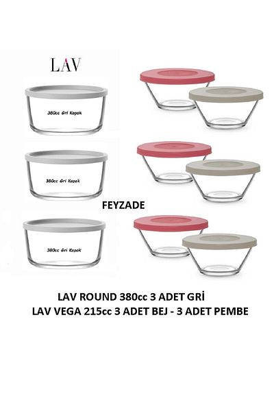 LAV Feyzade Round 380Cc Storage Container Set 3 Pcs Gray Lid - Vega 215Cc Storage Container Set 6 Pcs