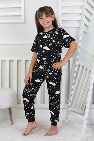 bunny hopp Set de pijamale pentru fete, 100% bumbac, cu model curcubeu, cu mâneci scurte, cu manșete, 3-8 ani