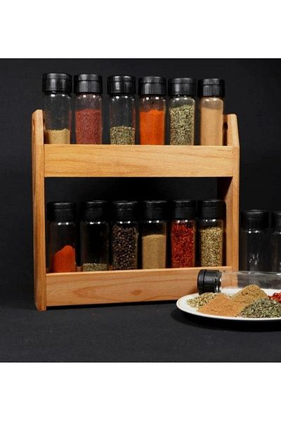 Mena Rise Diyar-Ifırsatshop Dizayn Cansas 12-Piece Spice Rack Set with Wooden Stand 1017157
