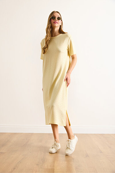 Olalook Women's Yellow Slit Sequin Detailed Flowing Dress Elb-19002483