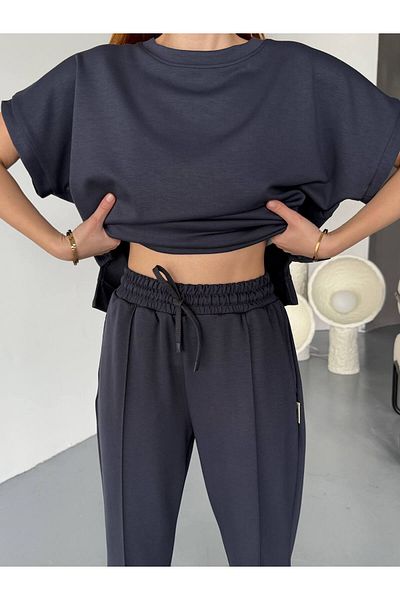 Cappmoda Tkm-1114 Anthracite Modal Fabric Short Sleeve Blouse Carrot Model Grass Bottom Double Suit
