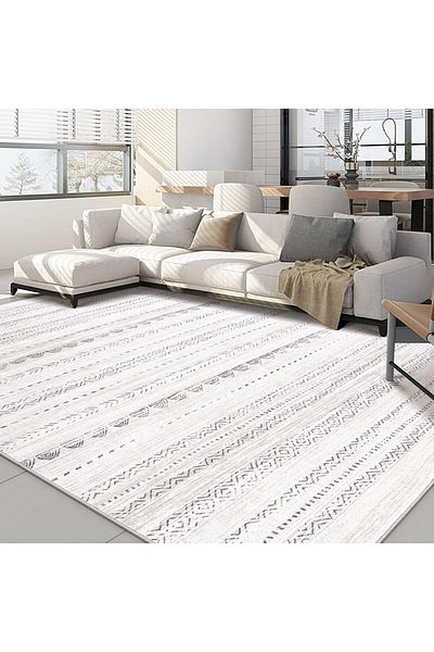 COOYA Warm Luxurious Modern Printed Rectangular Anti-Slip Carpet Off-White/Black 140x200cm