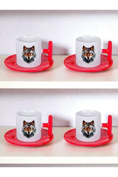 lili hediyelik Modern Wolf Printed Set of 4 Turkish Coffee Cups Coffee Cups