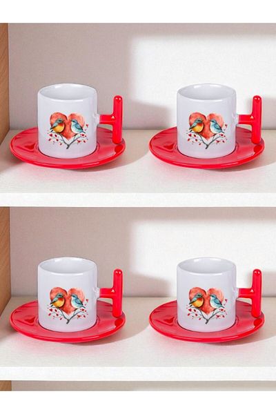lili hediyelik Heart and Bird Theme Printed Set of 4 Turkish Coffee Cups Coffee Cups