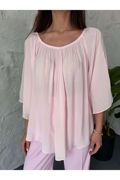Elif Özbey Butik Μπλούζα με ροζ γιακά με λάστιχο μανίκι