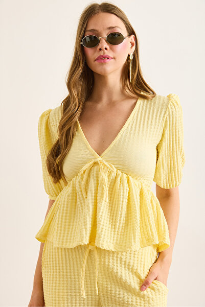 Olalook Women's Yellow V-Neck Lace Detailed Textured Blouse Blz-19003049