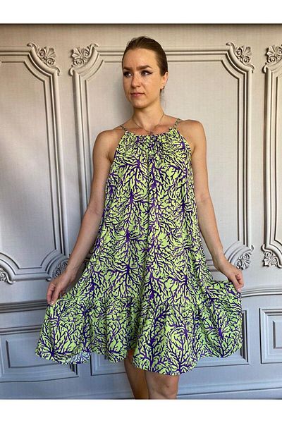 AGORATEKSTİL Women's Short Coral Pattern Viscose Fabric Dress with Rope Strap
