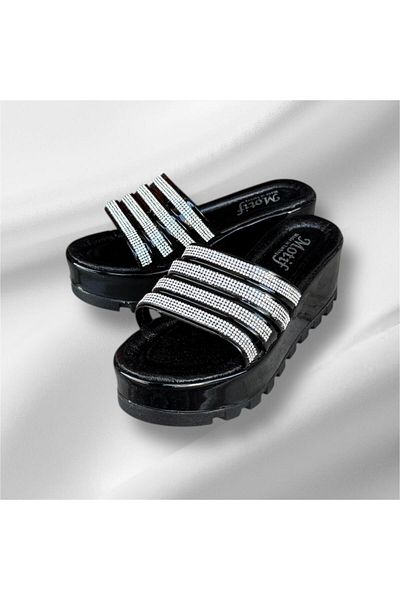İpek Silk Women's Black Patent Leather Wedge-Heeled Stone Platform Soft Orthopedic Sole Slippers