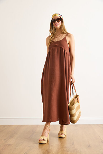 Olalook Women's Brown Strap Knitted Maxi Muslin Dress Elb-19002481