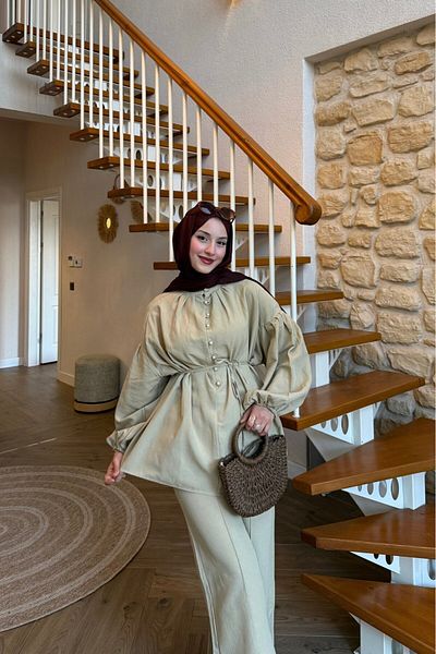 lurex moda Linen Balloon Sleeve Half Button Suit