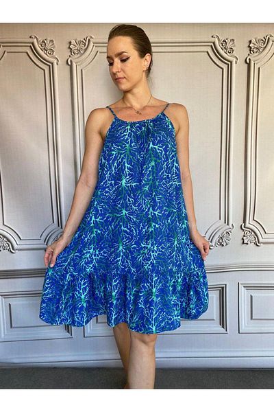 AGORATEKSTİL Women's Short Coral Pattern Viscose Fabric Dress with Rope Strap