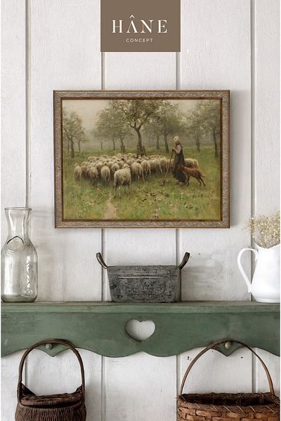 Hane Concept Vintage ζωγραφική με ποιμενικό και πρόβατα, καλλιτεχνική εκτύπωση σε στυλ αγροικίας, ποιμενική, εξοχική, ιδέα σπιτιού