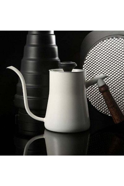 COOYA 550ml Coffee Kettle with Thermometer,Stainless Steel Tea Kettle with Wood Handle(White)