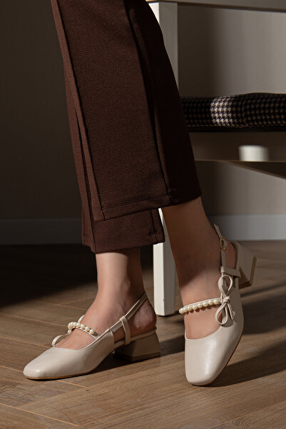 Halloween Pantofi de zi cu zi pentru femei, bej, cu perle și fundă, cu toc bl...