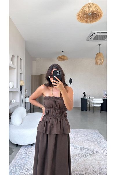 Buket Teke Raw Linen Strapless Skirt Blouse Premium Set