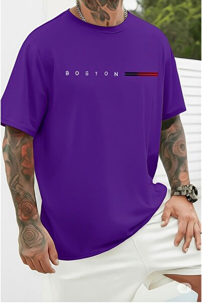 NO 601 Ανδρικό μωβ μπλουζάκι Boston με στάμπα Oversize Loose Fit Oversize