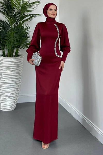 Tesettür Diyarı Kadın Saten Yandan Taşlı Kalem Abiye