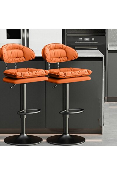 Quasar & Co. Set of 2 bar stools, swivel, height-adjustable, kitchen-ready, metal/leather, orange