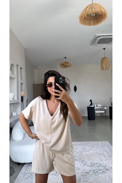 Buket Teke Μπεζ σορτς Μπλούζα Modal Σετ