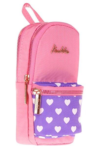 KAUKKO Çanta Şekilli Kız Çocuk Üç Bölmeli Kalemlik - Pembe Mor - Kalp Desenli...