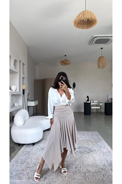 Buket Teke Beige Asymmetrical Waist Corset Effect Skirt