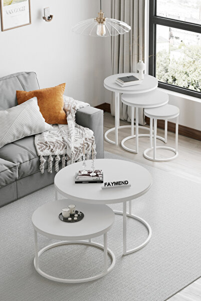 FAYMEND PLATOON 2li Orta Sehpa & Zigon Sehpa Seti ' Mat Beyaz' ( takım 3+2 )