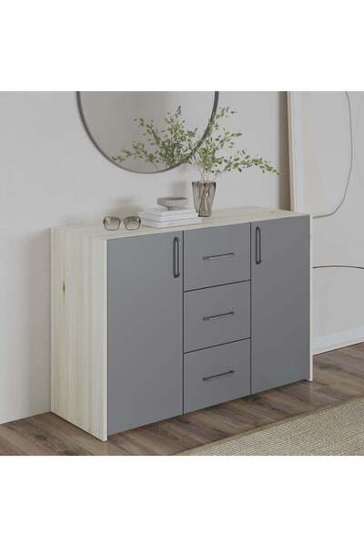 haaus.ro Comoda haaus Malmo, 3 Sertare, 2 Usi, Stejar Alb/Antracit, 120 x 42 ...