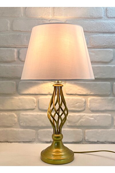 365GUNSERİSONU Decodelight Antique Gold Rustic Twisted Metal Leg Crystal Stone Linen Fabric Lampshade