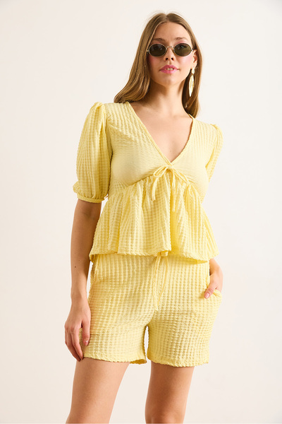 Olalook Women's Yellow Elastic Waist Pocket Textured Shorts Shrt-19000066