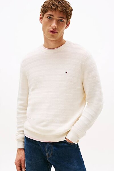 Tommy Hilfiger Erkek Dokulu Çizgili Bisiklet Yaka Triko Kazak - Krem