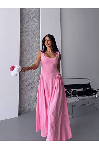LAVİNİA Askımı Pembe günlük şık elbise midi boy esnek rahat kumaş