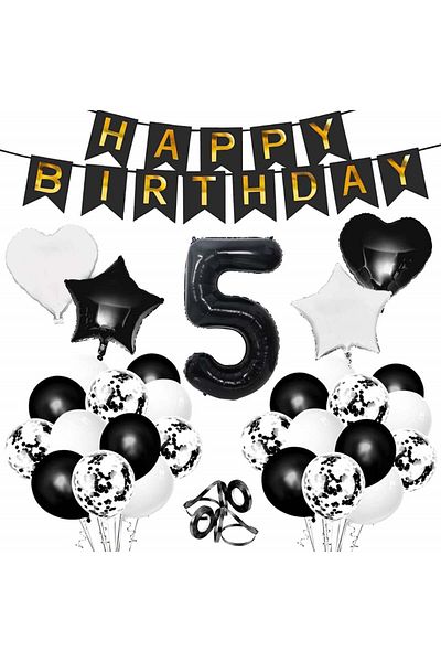 Gxhong number 5 birthday set, white/black, latex/foil, 32 pieces