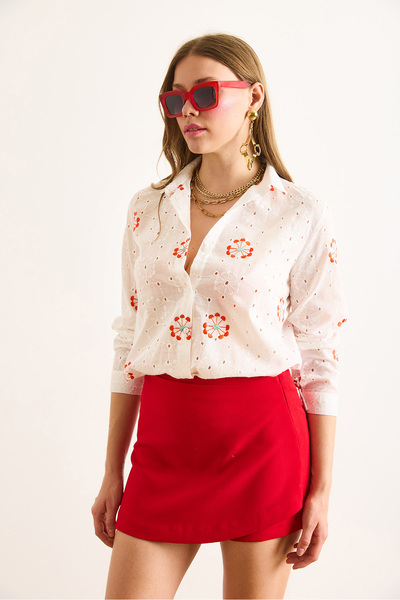 Olalook Kadın Turuncu Beyaz Nakışlı Oval Desenli Fisto Gömlek GML-19001365