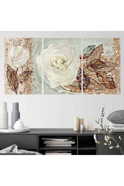 4gdran Three modern canvas paintings with a rose design and a hollow black frame