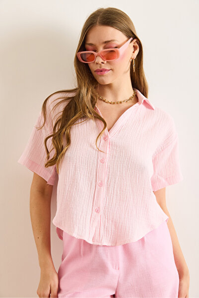 Olalook Women's Pink V-Neck Short Sleeve Muslin Shirt Gml-19001369