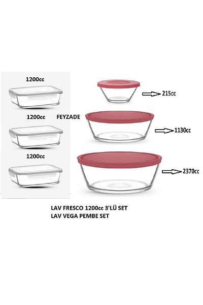 LAV Feyzade Fresco Interlocking Glass Storage Container Set 3Pcs 1200Cc White Lid - Vega Storage Container Pink