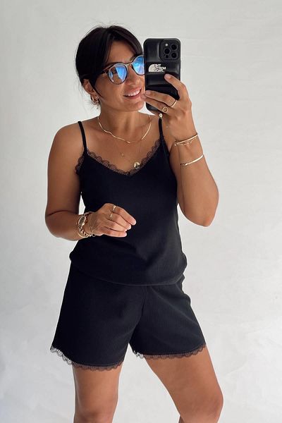 MJAMASS Black Ribbed Lace Shorts Set